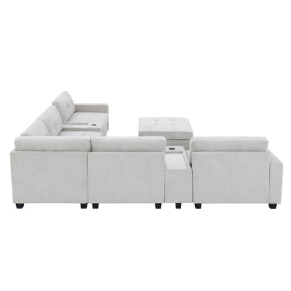 Canapé sectionnel avec plateau de table, ensemble de canapé en U en chenille avec 2 consoles, chargeur USB, tiroirs et poches de rangement, pouf