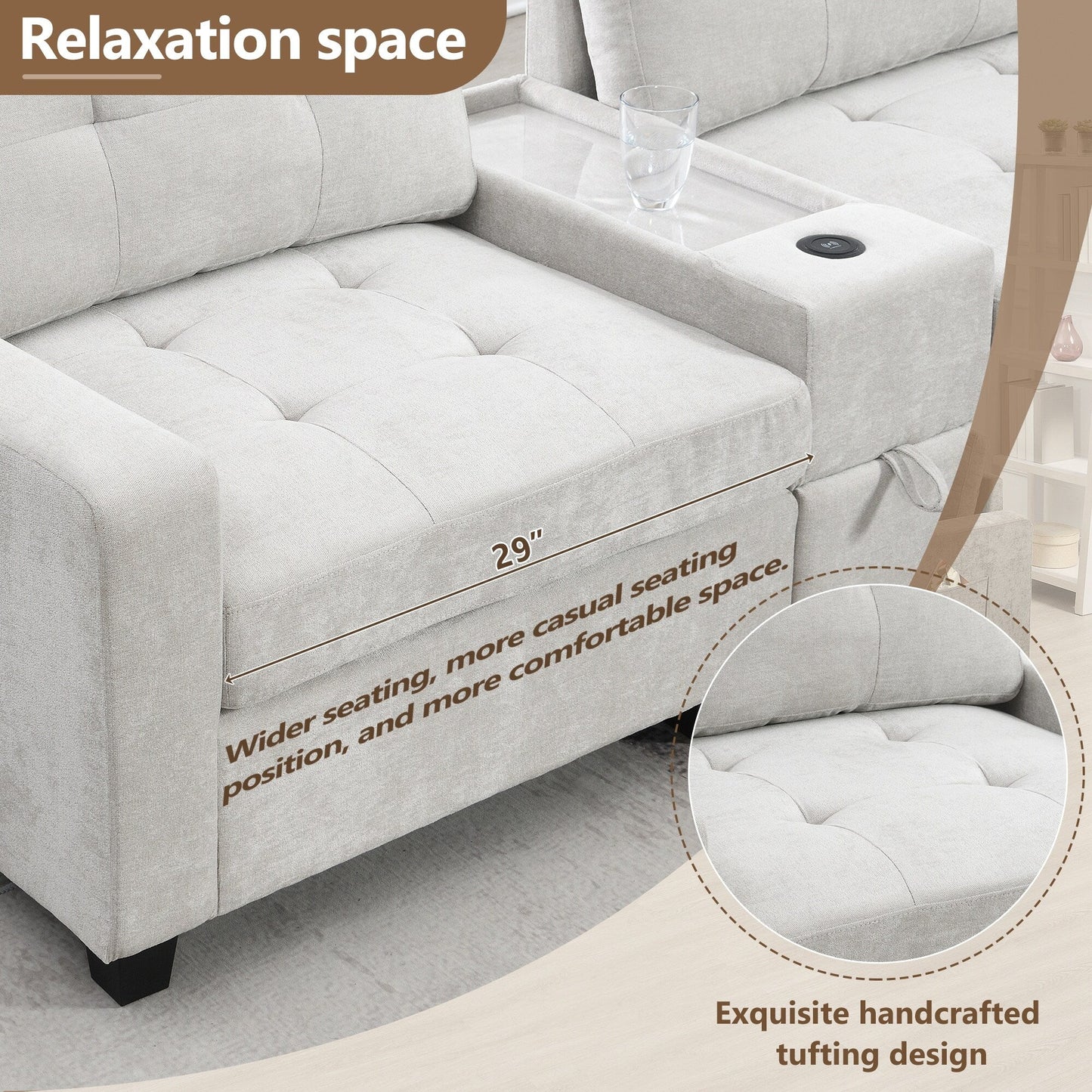 Canapé sectionnel avec plateau de table, ensemble de canapé en U en chenille avec 2 consoles, chargeur USB, tiroirs et poches de rangement, pouf