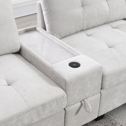 Canapé sectionnel avec plateau de table, ensemble de canapé en U en chenille avec 2 consoles, chargeur USB, tiroirs et poches de rangement, pouf