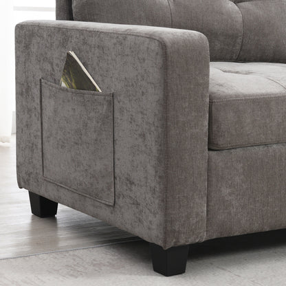 Canapé sectionnel avec plateau de table, ensemble de canapé en U en chenille avec 2 consoles, chargeur USB, tiroirs et poches de rangement, pouf