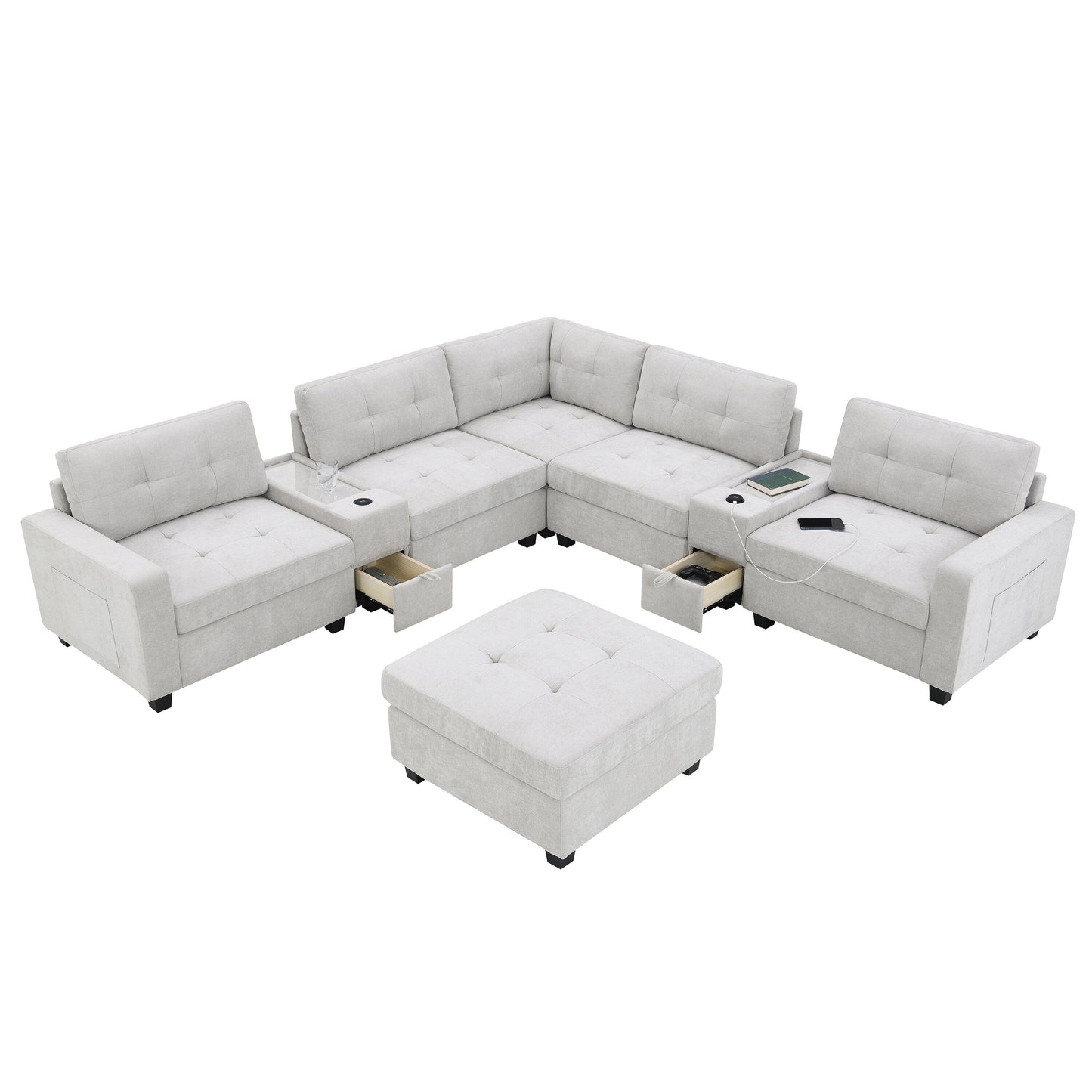 Canapé sectionnel avec plateau de table, ensemble de canapé en U en chenille avec 2 consoles, chargeur USB, tiroirs et poches de rangement, pouf