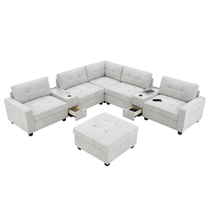 Canapé sectionnel avec plateau de table, ensemble de canapé en U en chenille avec 2 consoles, chargeur USB, tiroirs et poches de rangement, pouf