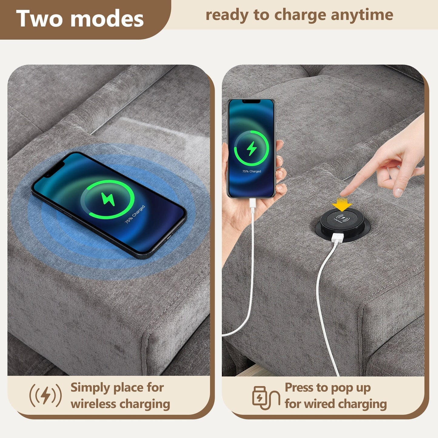 Canapé sectionnel avec plateau de table, ensemble de canapé en U en chenille avec 2 consoles, chargeur USB, tiroirs et poches de rangement, pouf