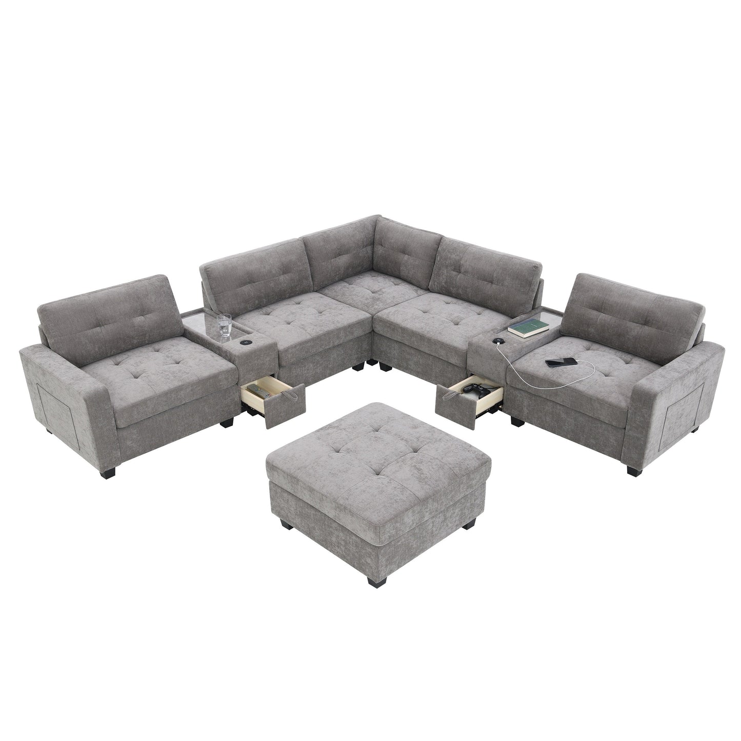 Canapé sectionnel avec plateau de table, ensemble de canapé en U en chenille avec 2 consoles, chargeur USB, tiroirs et poches de rangement, pouf