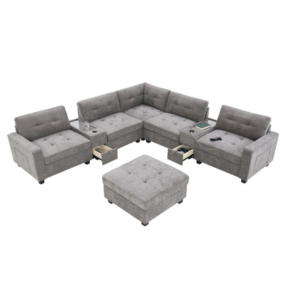 Canapé sectionnel avec plateau de table, ensemble de canapé en U en chenille avec 2 consoles, chargeur USB, tiroirs et poches de rangement, pouf