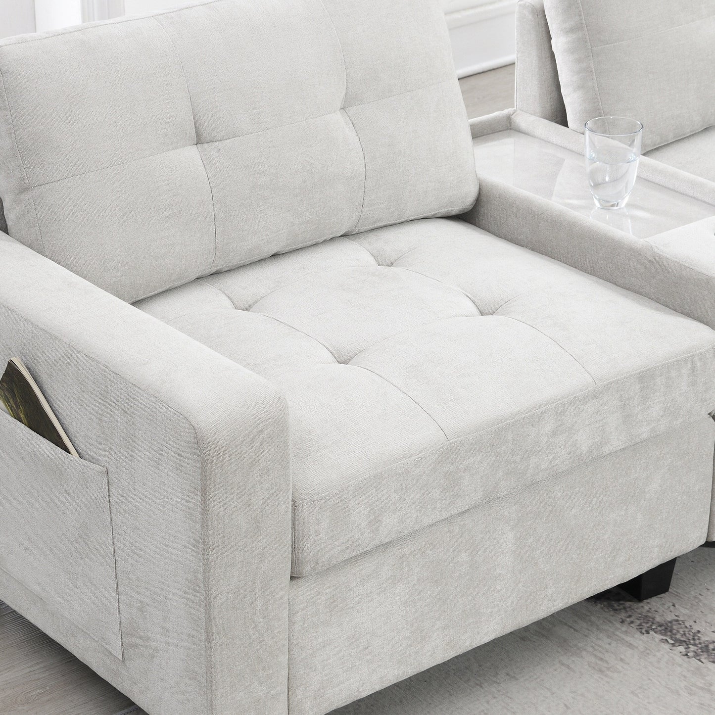 Canapé sectionnel avec plateau de table, ensemble de canapé en U en chenille avec 2 consoles, chargeur USB, tiroirs et poches de rangement, pouf