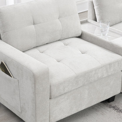 Canapé sectionnel avec plateau de table, ensemble de canapé en U en chenille avec 2 consoles, chargeur USB, tiroirs et poches de rangement, pouf