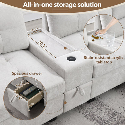 Canapé sectionnel avec plateau de table, ensemble de canapé en U en chenille avec 2 consoles, chargeur USB, tiroirs et poches de rangement, pouf