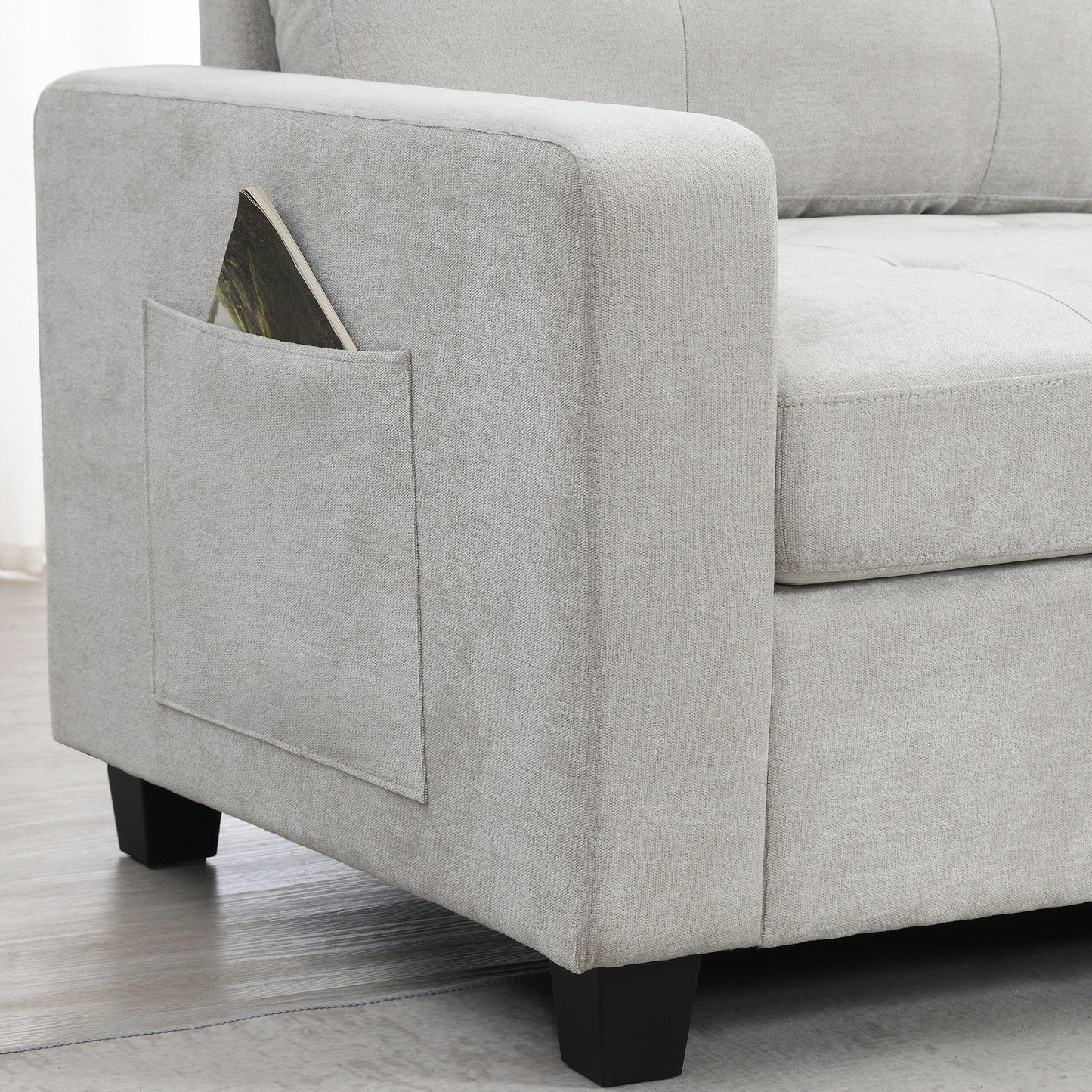 Canapé sectionnel avec plateau de table, ensemble de canapé en U en chenille avec 2 consoles, chargeur USB, tiroirs et poches de rangement, pouf