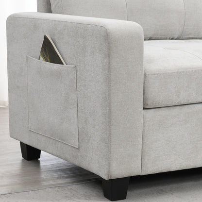 Canapé sectionnel avec plateau de table, ensemble de canapé en U en chenille avec 2 consoles, chargeur USB, tiroirs et poches de rangement, pouf