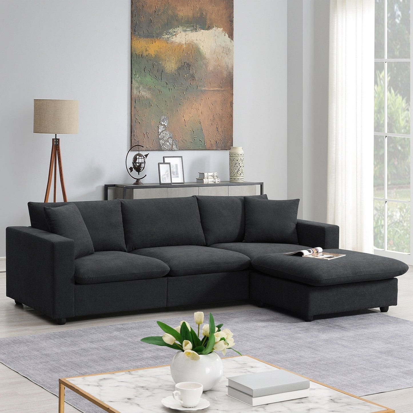 Canapé sectionnel avec coussins décoratifs, ensemble de canapé en L avec assise large, ensemble de canapé 4 places en tissu polyester confortable avec pouf amovible