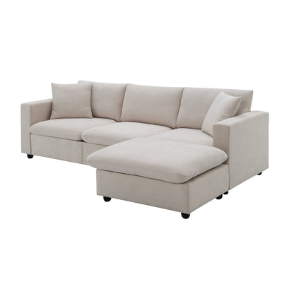 Canapé sectionnel avec coussins décoratifs, ensemble de canapé en L avec assise large, ensemble de canapé 4 places en tissu polyester confortable avec pouf amovible