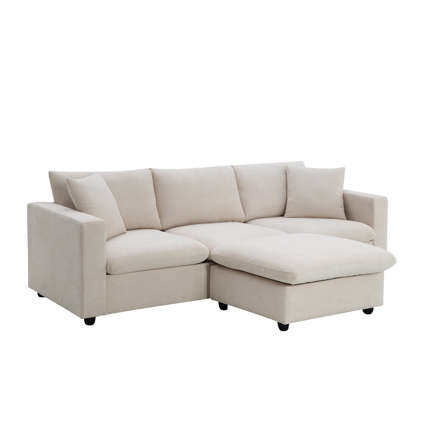 Canapé sectionnel avec coussins décoratifs, ensemble de canapé en L avec assise large, ensemble de canapé 4 places en tissu polyester confortable avec pouf amovible