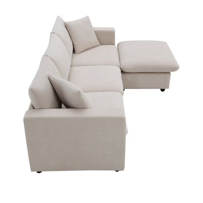 Canapé sectionnel avec coussins décoratifs, ensemble de canapé en L avec assise large, ensemble de canapé 4 places en tissu polyester confortable avec pouf amovible
