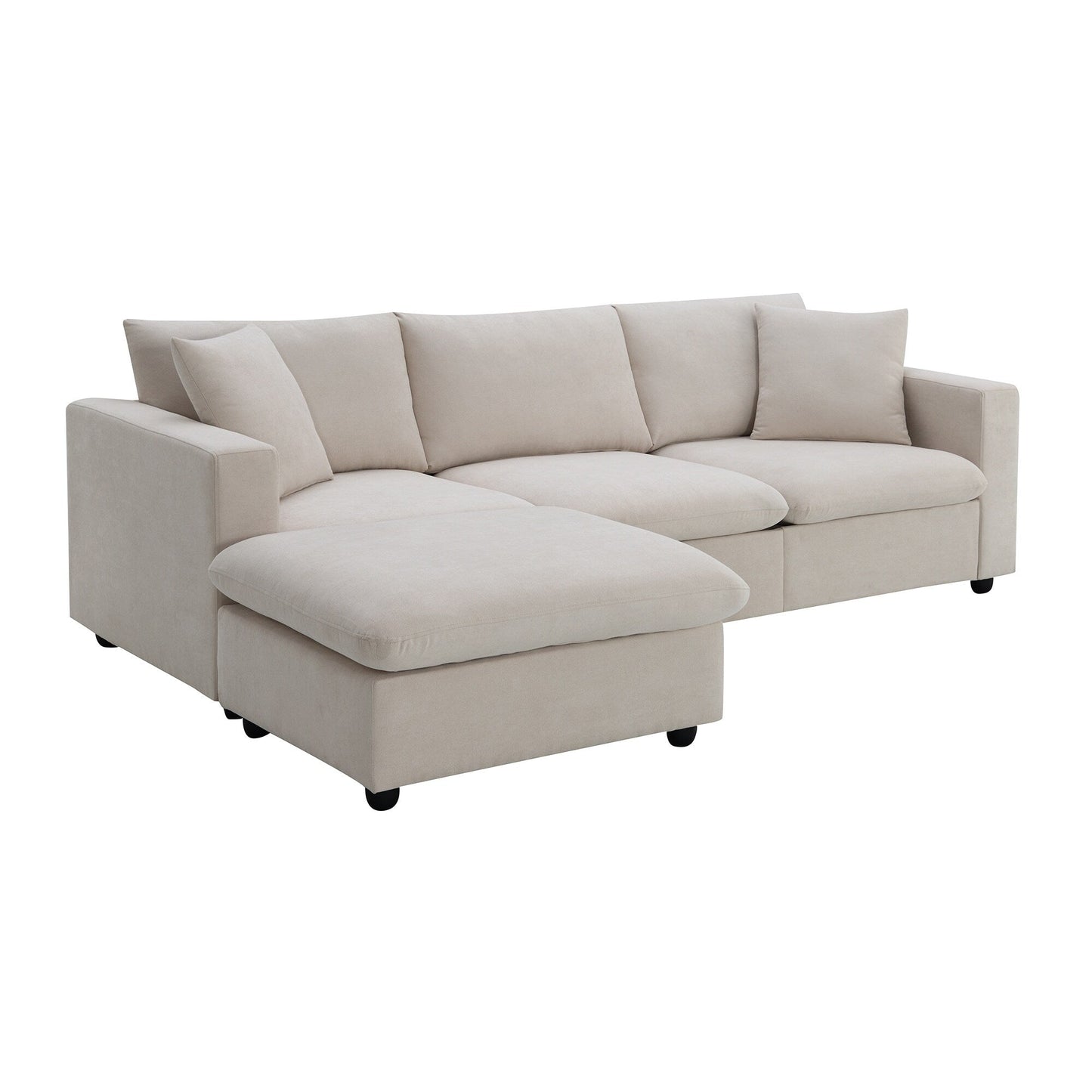 Canapé sectionnel avec coussins décoratifs, ensemble de canapé en L avec assise large, ensemble de canapé 4 places en tissu polyester confortable avec pouf amovible