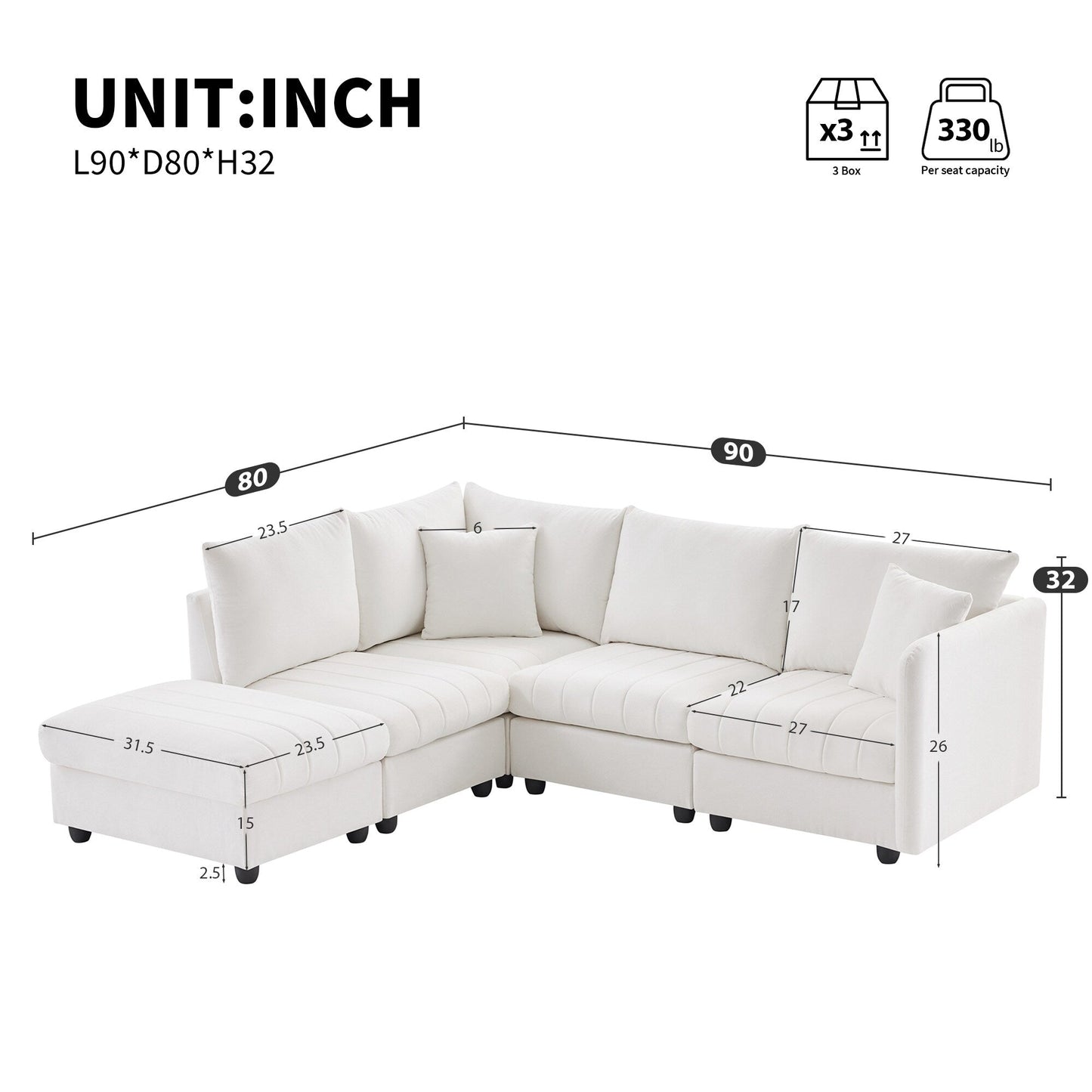 Canapé sectionnel à rayures verticales, 2 coussins, canapé 5 places avec pouf convertible, diverses combinaisons, forme en L
