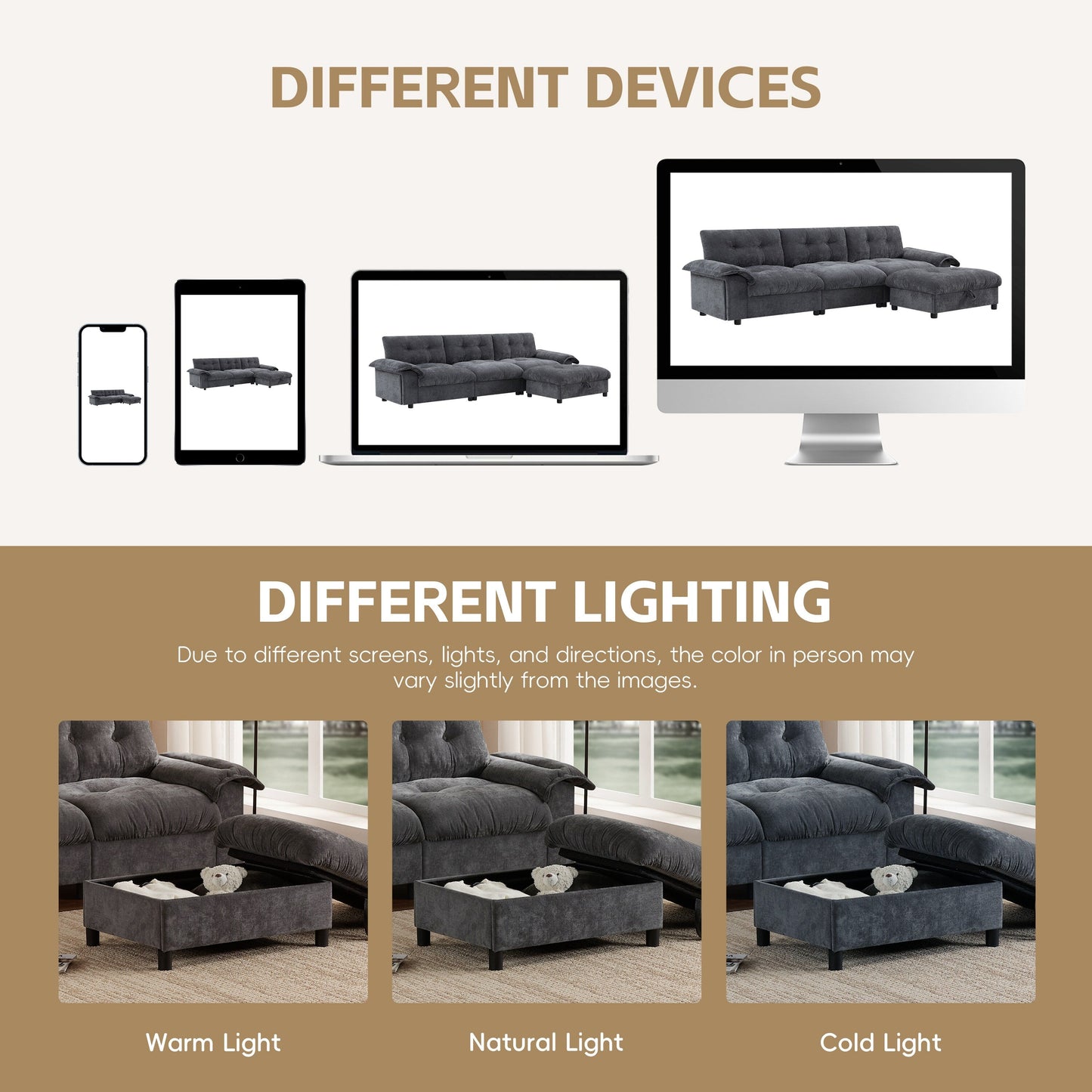 Canapé sectionnel en L avec accoudoirs multifonctions, chargeur double port, porte-gobelet, poches de rangement latérales, coussin moelleux