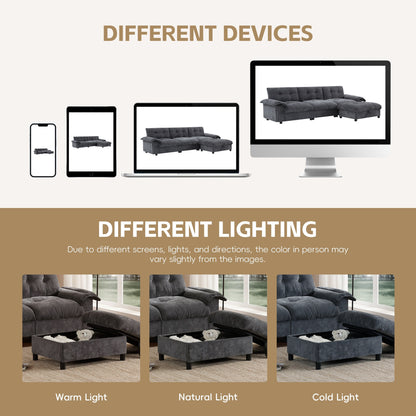 Canapé sectionnel en L avec accoudoirs multifonctions, chargeur double port, porte-gobelet, poches de rangement latérales, coussin moelleux