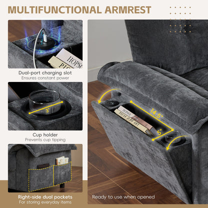 Canapé sectionnel en L avec accoudoirs multifonctions, chargeur double port, porte-gobelet, poches de rangement latérales, coussin moelleux