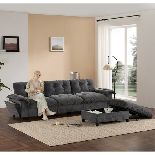 Canapé sectionnel en L avec accoudoirs multifonctions, chargeur double port, porte-gobelet, poches de rangement latérales, coussin moelleux