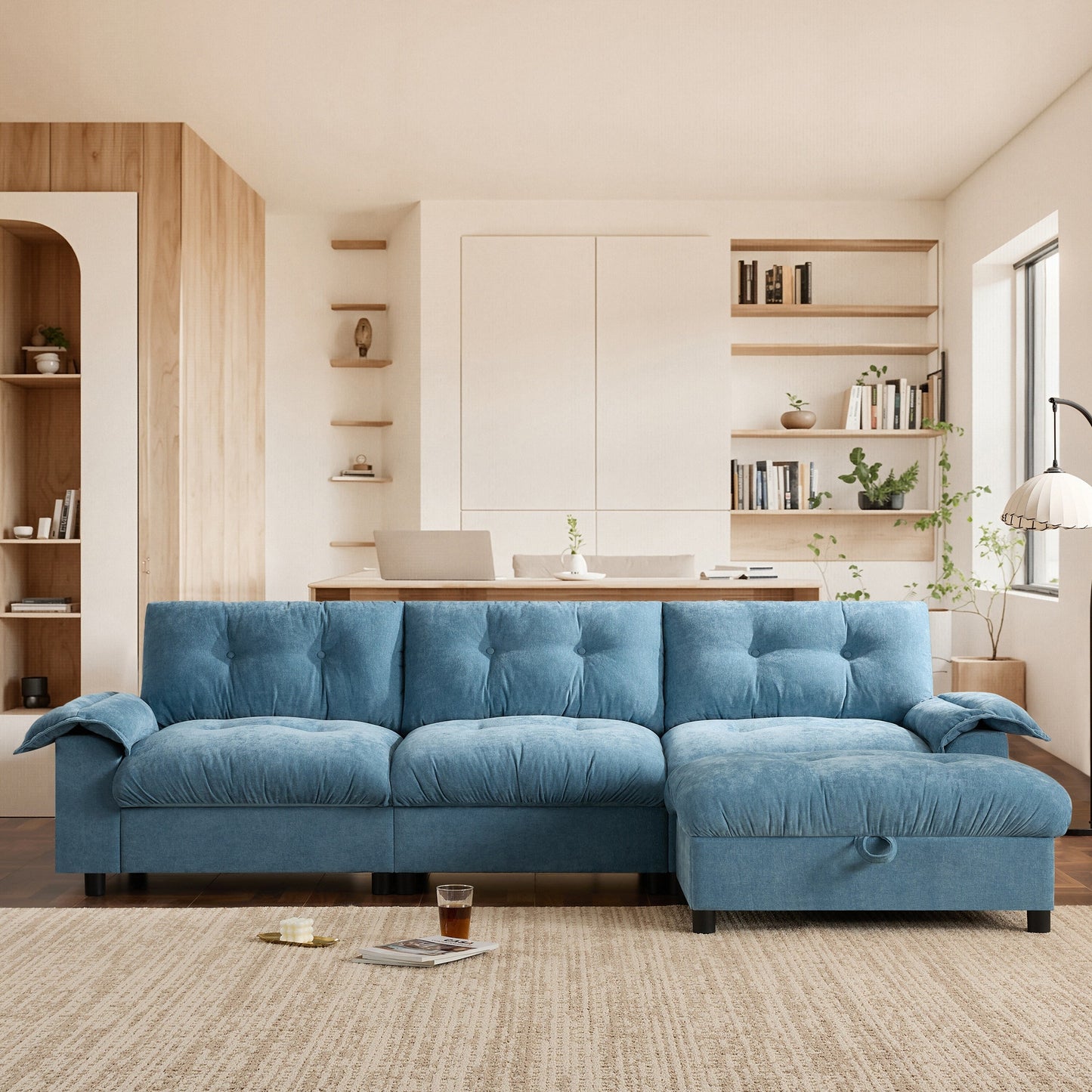 Canapé sectionnel en L avec accoudoirs multifonctions, chargeur double port, porte-gobelet, poches de rangement latérales, coussin moelleux