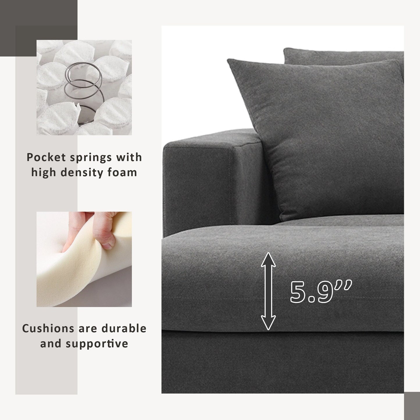 Canapé sectionnel, ensemble de canapé en L avec 2 coussins gratuits, ensemble de canapé 4 places en tissu polyester avec pouf convertible