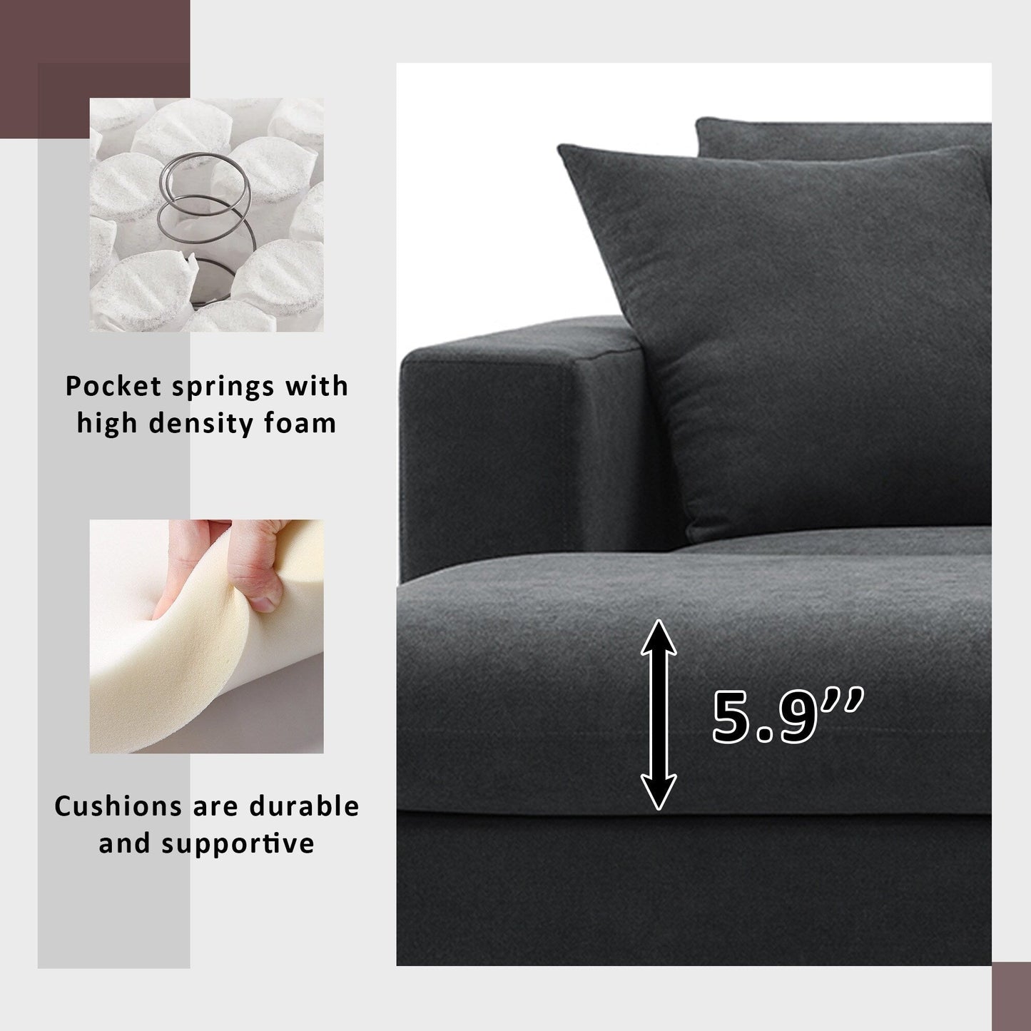 Canapé sectionnel, ensemble de canapé en L avec 2 coussins gratuits, ensemble de canapé 4 places en tissu polyester avec pouf convertible