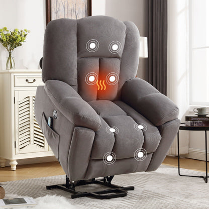 Fauteuil inclinable électrique pour personnes âgées avec chauffage et massage 8 points, chargement USB, poches de rangement latérales et revêtement durable