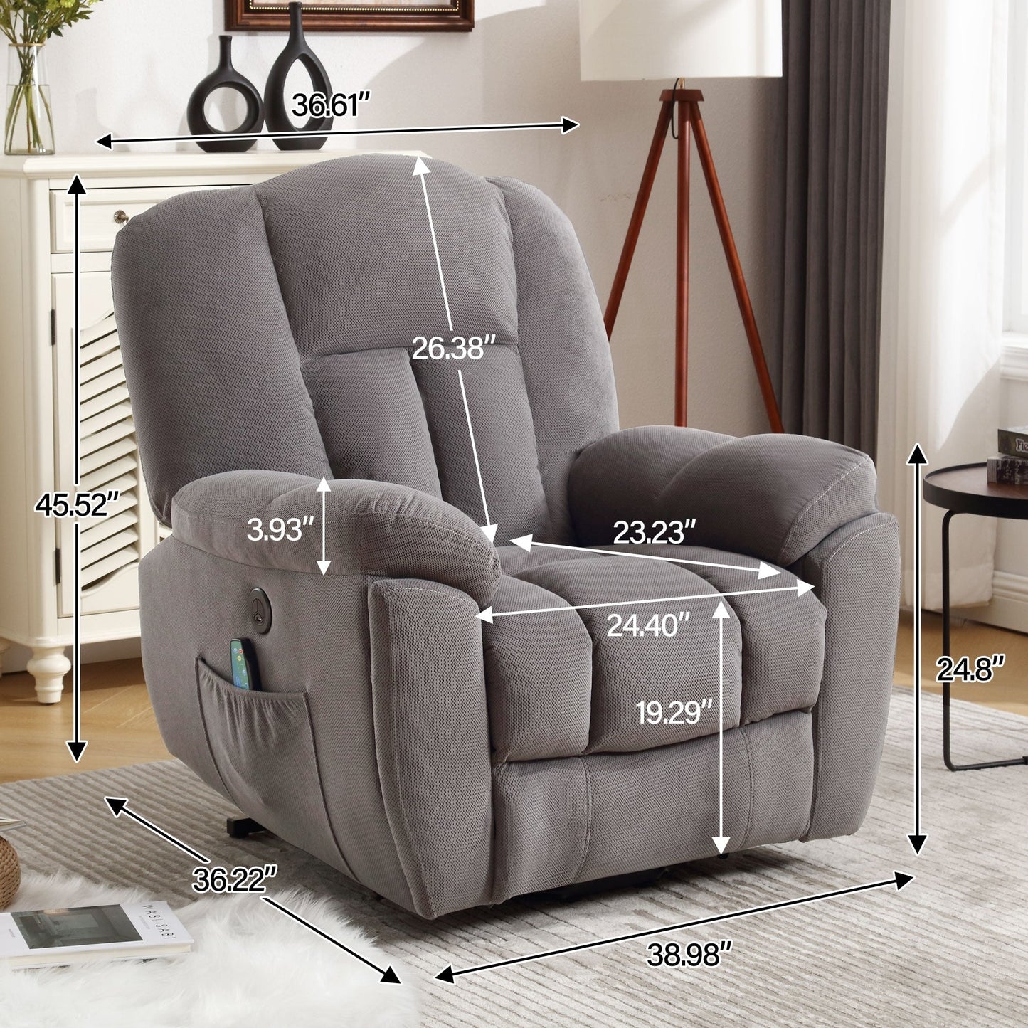 Fauteuil inclinable électrique pour personnes âgées avec chauffage et massage 8 points, chargement USB, poches de rangement latérales et revêtement durable