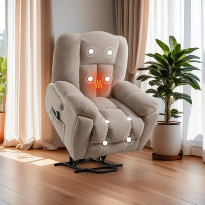 Fauteuil inclinable électrique pour personnes âgées avec chauffage et massage 8 points, chargement USB, poches de rangement latérales et revêtement durable