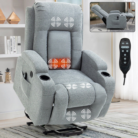 Fauteuil inclinable électrique pour personnes âgées avec massage et chauffage, chargement USB, porte-gobelets et positions d'inclinaison réglables