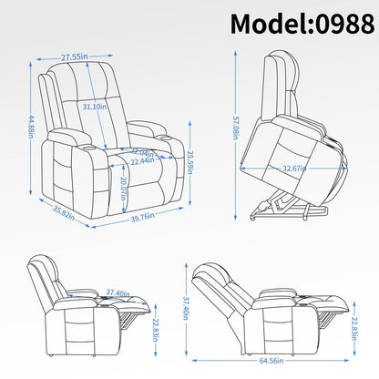 Fauteuil inclinable électrique pour personnes âgées avec massage et chauffage, chargement USB, porte-gobelets et positions d'inclinaison réglables