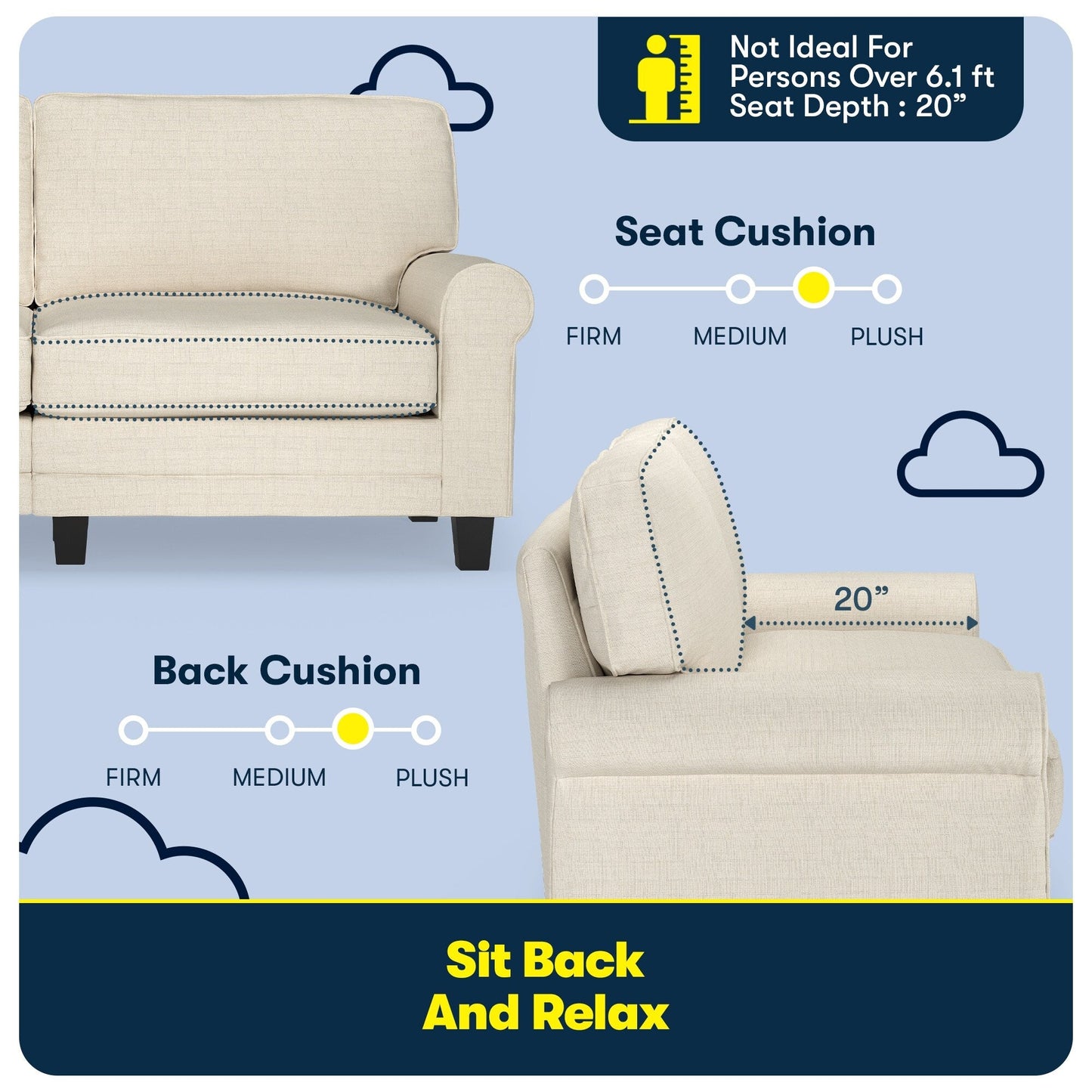 Canapé Serta Copenhagen 73 à accoudoirs roulés, polyester facile d'entretien, dossier moelleux, coussins d'assise à ressorts ensachés