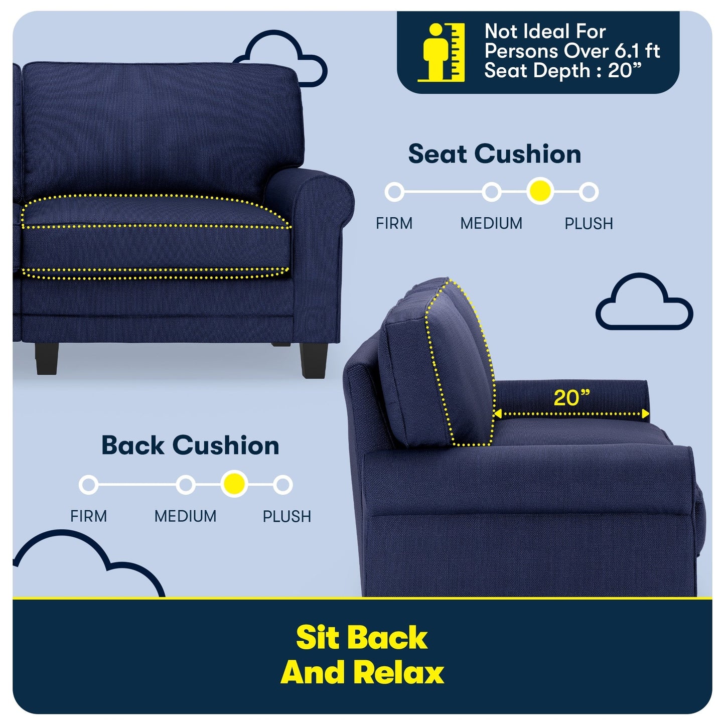 Canapé Serta Copenhagen 73 à accoudoirs roulés, polyester facile d'entretien, dossier moelleux, coussins d'assise à ressorts ensachés