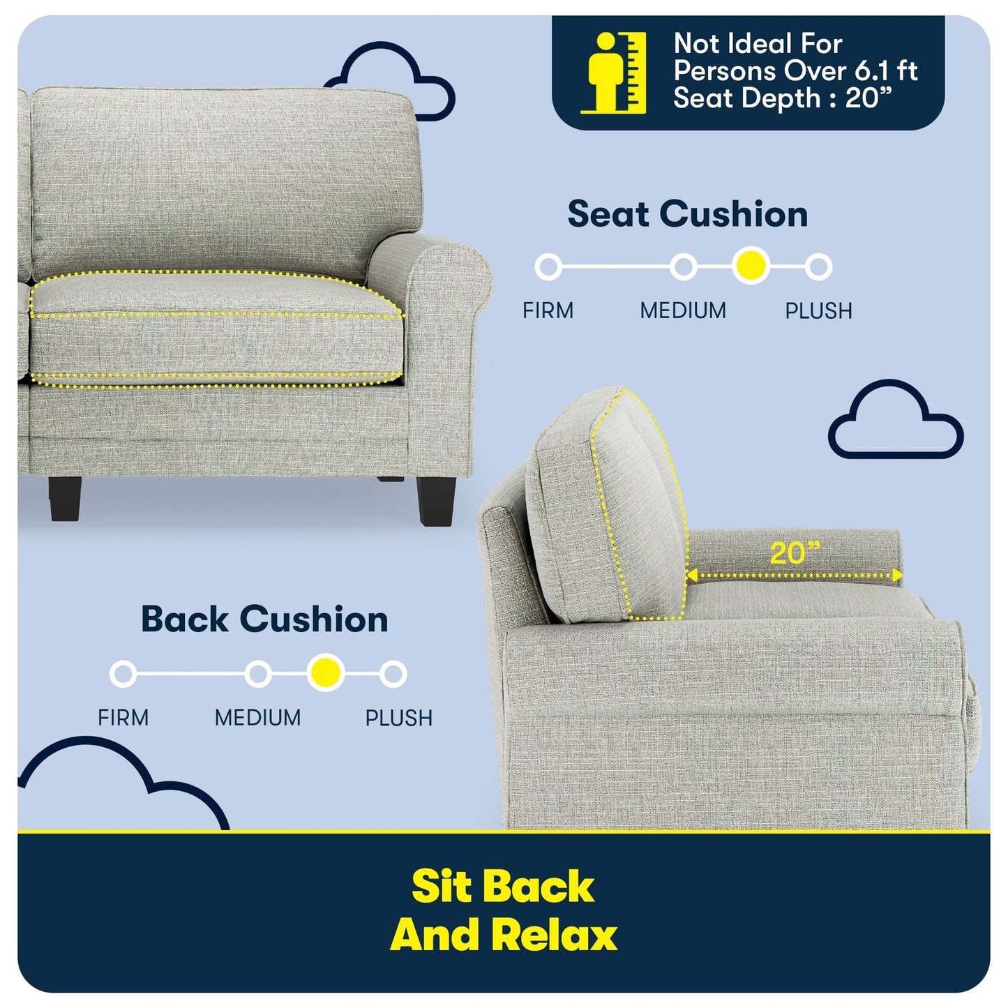 Canapé Serta Copenhagen 73 à accoudoirs roulés, polyester facile d'entretien, dossier moelleux, coussins d'assise à ressorts ensachés