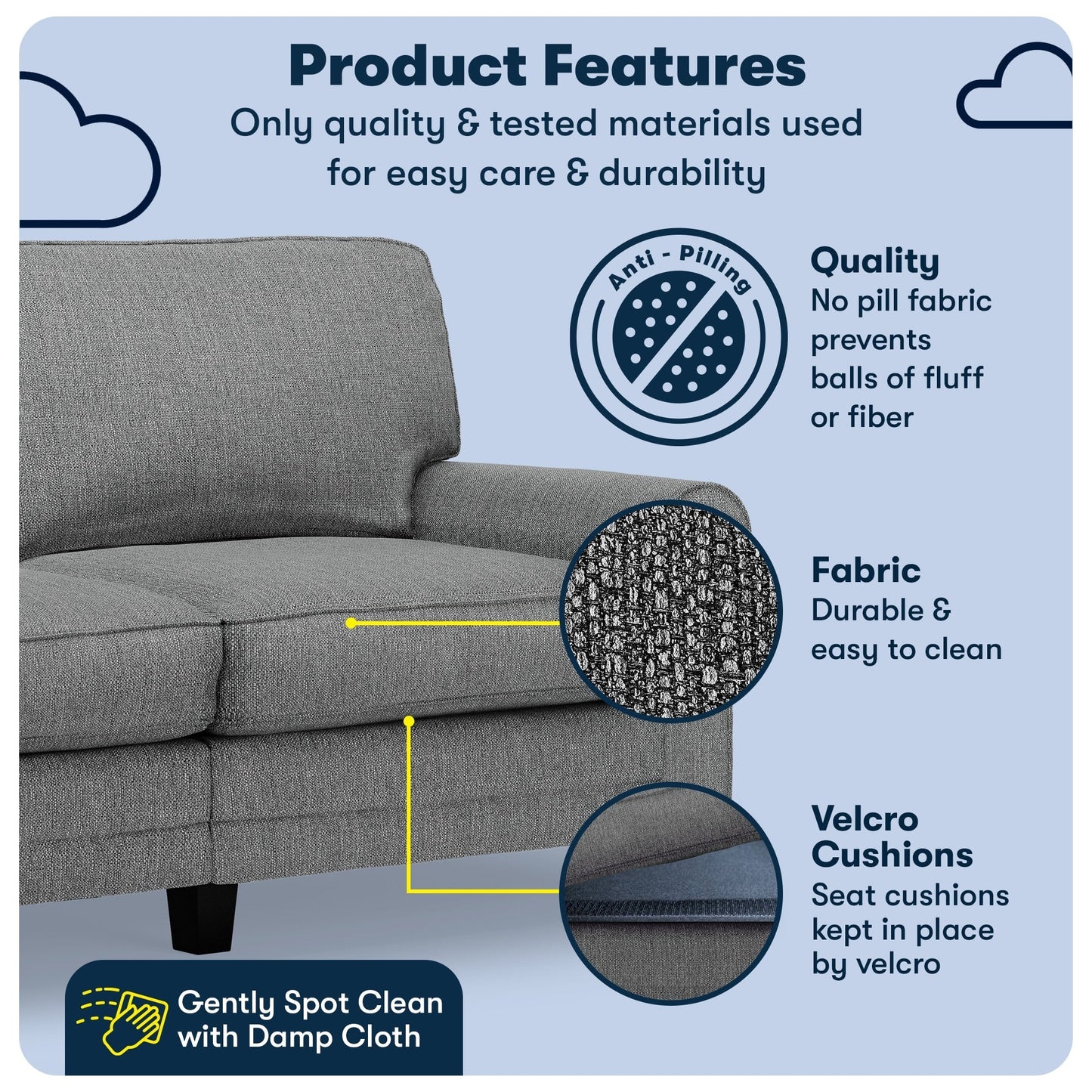 Canapé Serta Copenhagen 73 à accoudoirs roulés, polyester facile d'entretien, dossier moelleux, coussins d'assise à ressorts ensachés