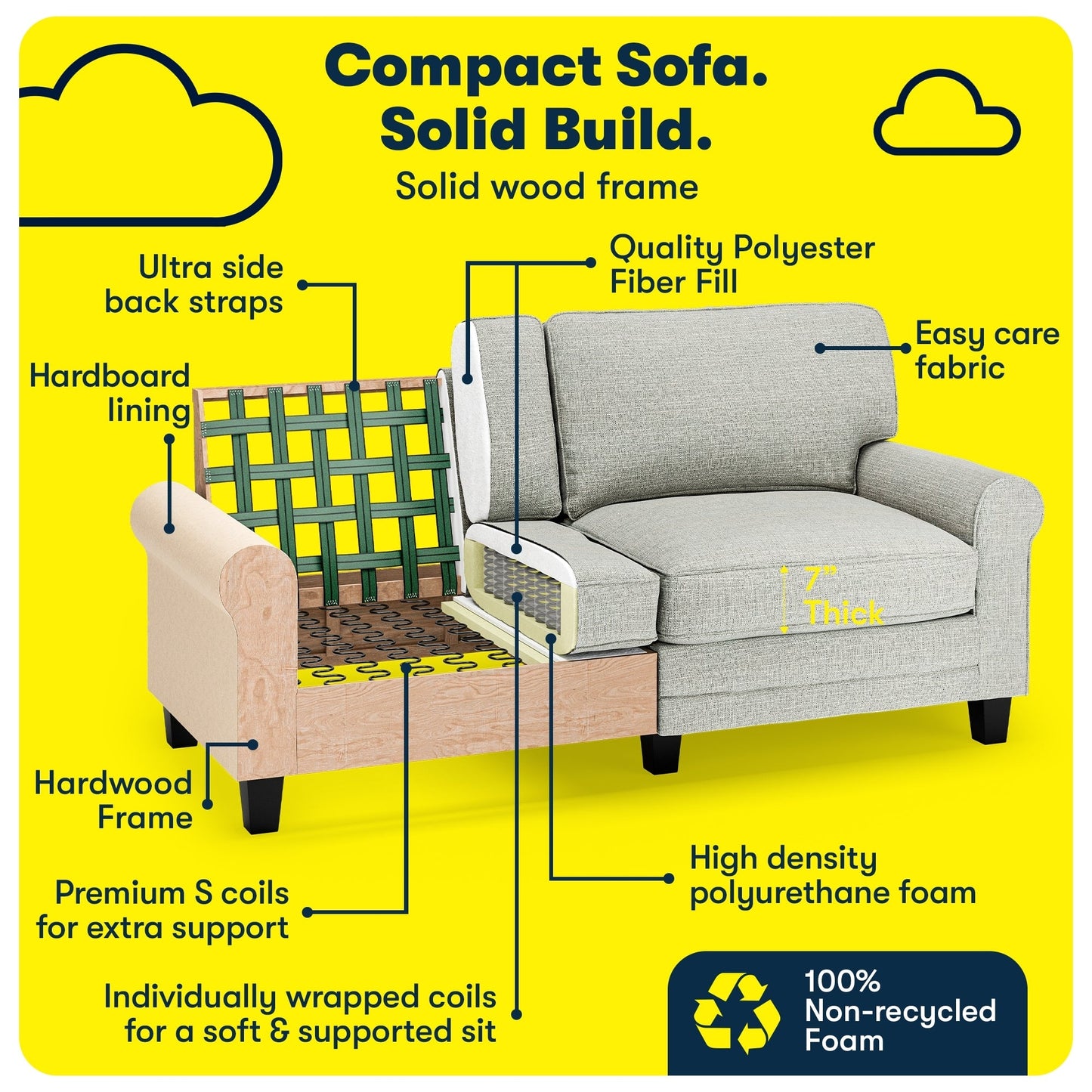 Canapé Serta Copenhagen 73 à accoudoirs roulés, polyester facile d'entretien, dossier moelleux, coussins d'assise à ressorts ensachés