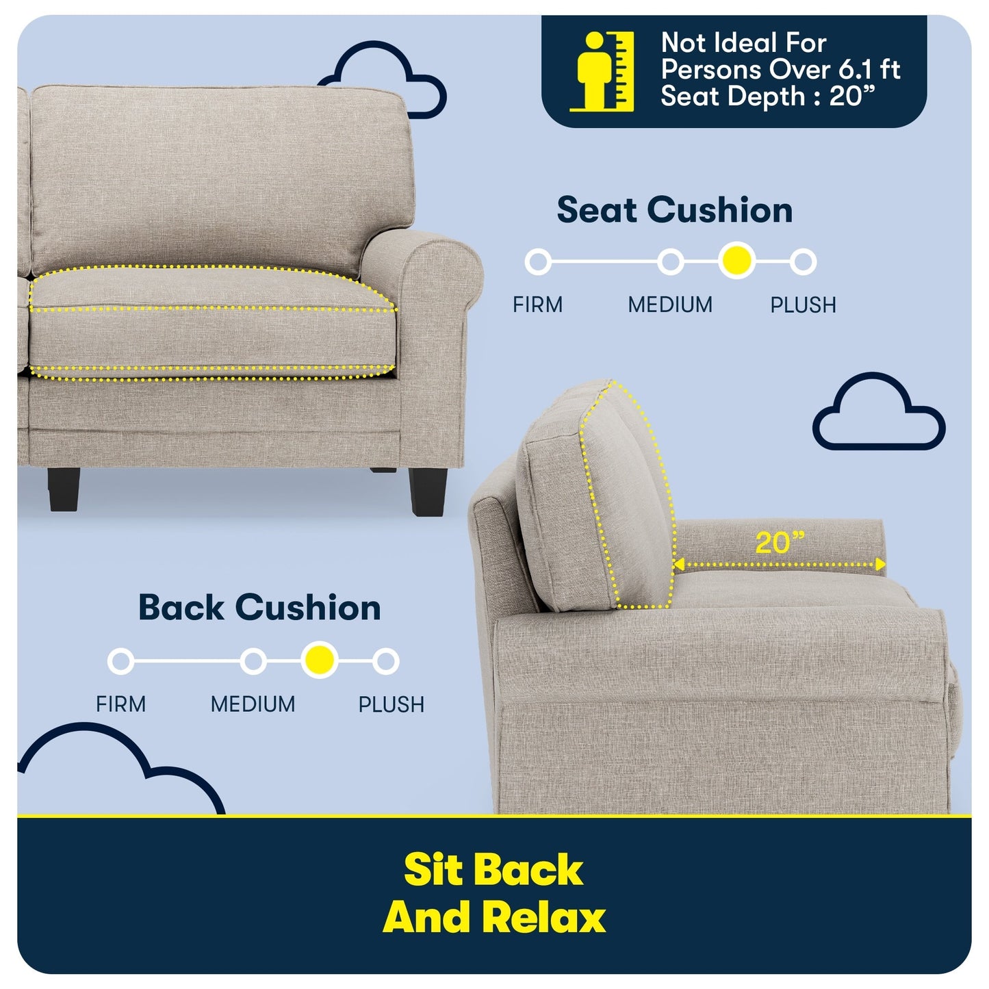 Canapé Serta Copenhagen 73 à accoudoirs roulés, polyester facile d'entretien, dossier moelleux, coussins d'assise à ressorts ensachés