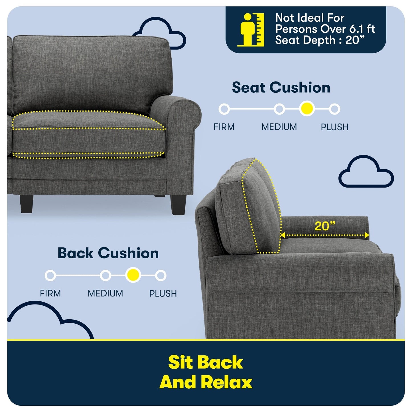 Canapé Serta Copenhagen 73 à accoudoirs roulés, polyester facile d'entretien, dossier moelleux, coussins d'assise à ressorts ensachés