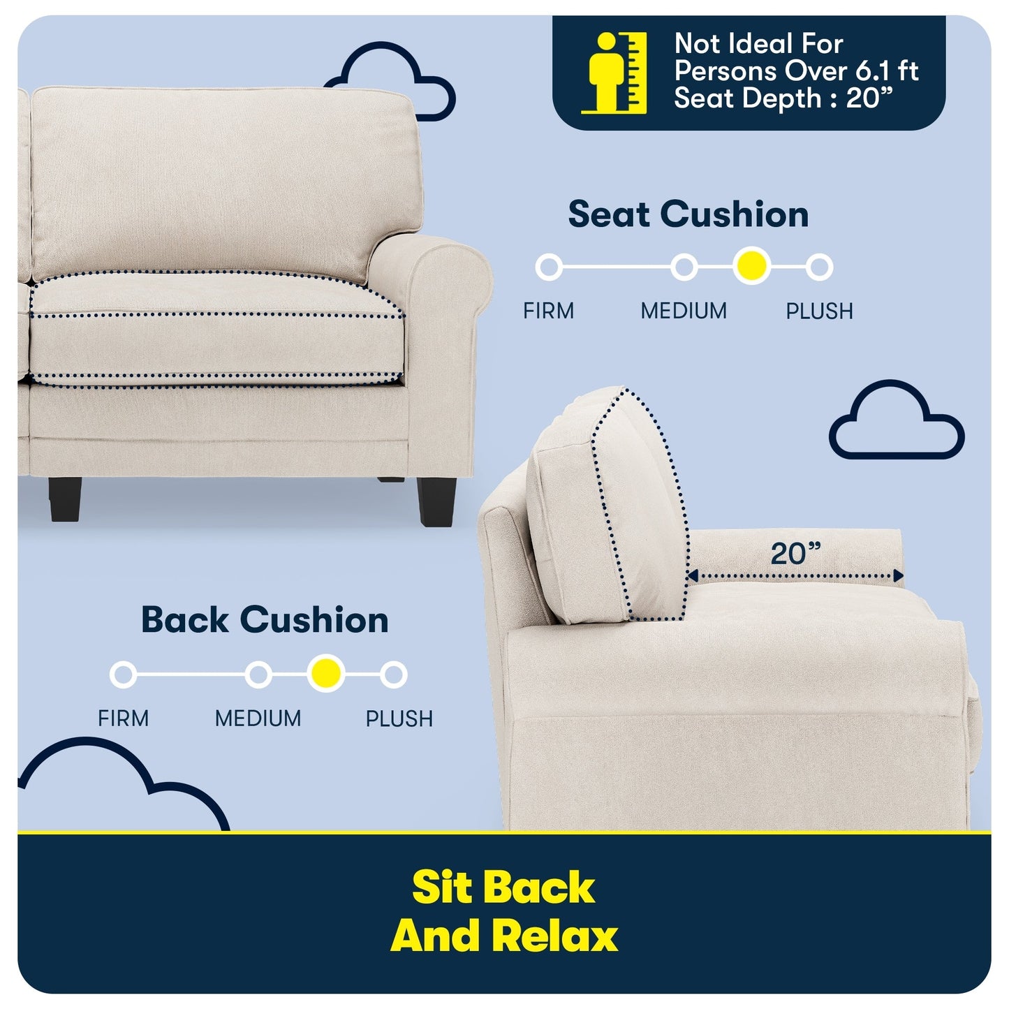 Canapé Serta Copenhagen 73 à accoudoirs roulés, polyester facile d'entretien, dossier moelleux, coussins d'assise à ressorts ensachés