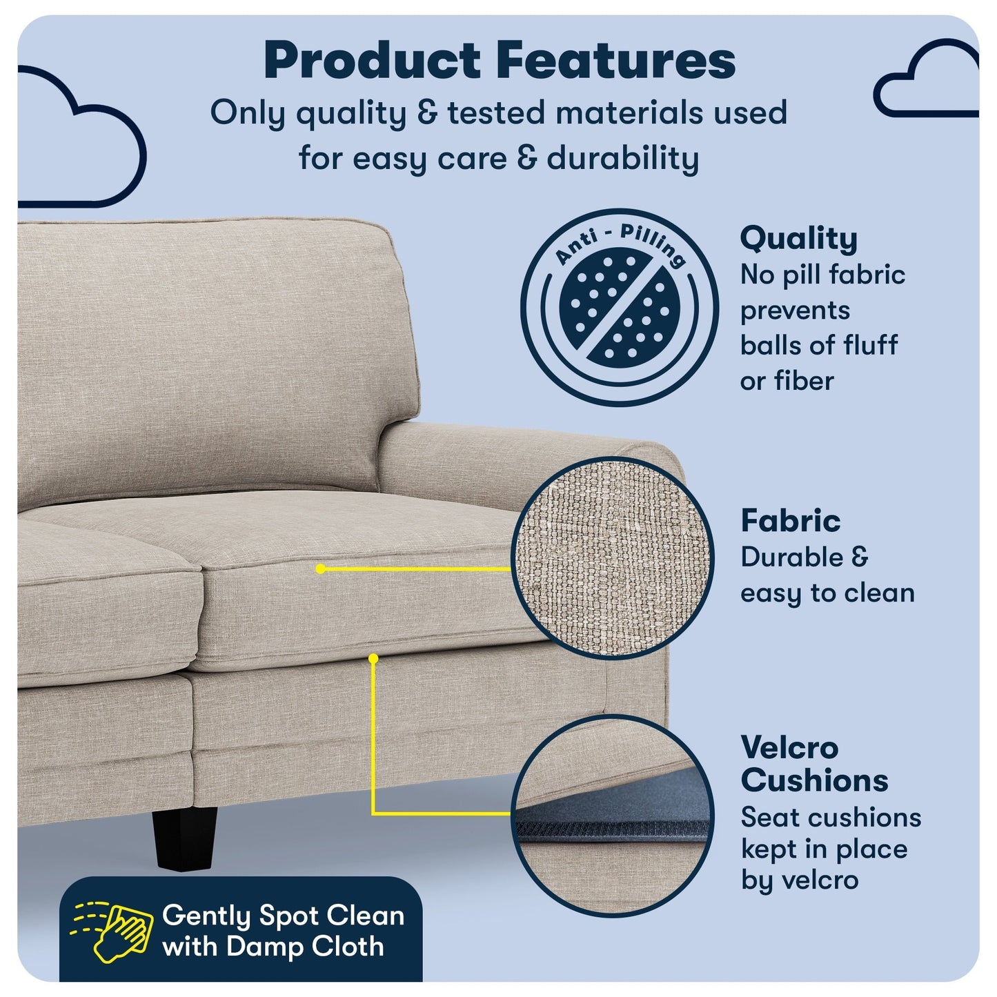 Canapé Serta Copenhagen 73 à accoudoirs roulés, polyester facile d'entretien, dossier moelleux, coussins d'assise à ressorts ensachés