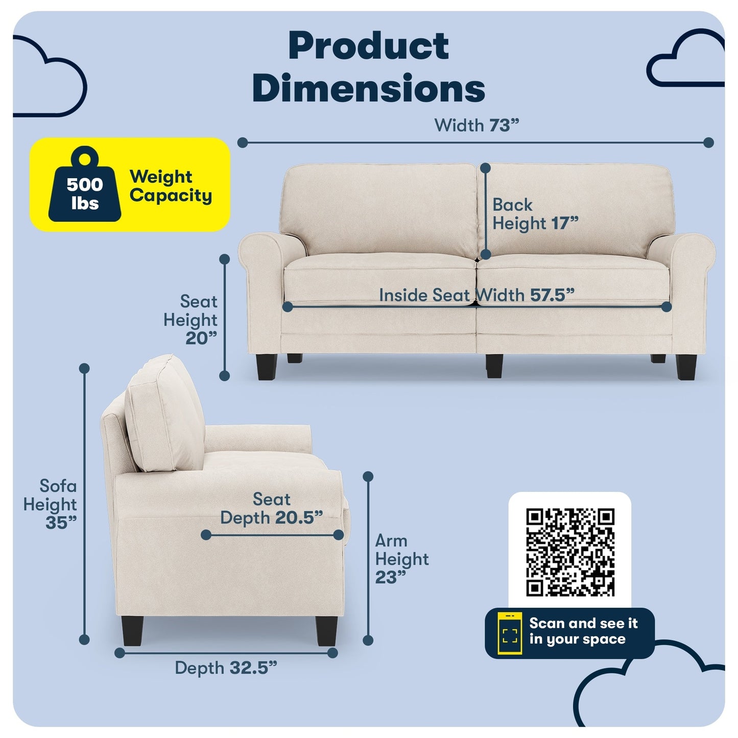 Canapé Serta Copenhagen 73 à accoudoirs roulés, polyester facile d'entretien, dossier moelleux, coussins d'assise à ressorts ensachés