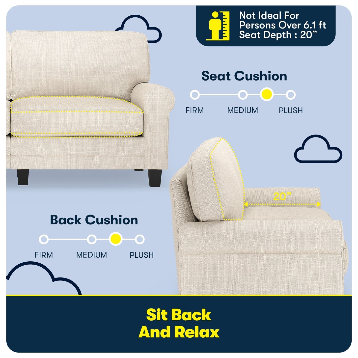 Canapé Serta Copenhagen 73 à accoudoirs roulés, polyester facile d'entretien, dossier moelleux, coussins d'assise à ressorts ensachés