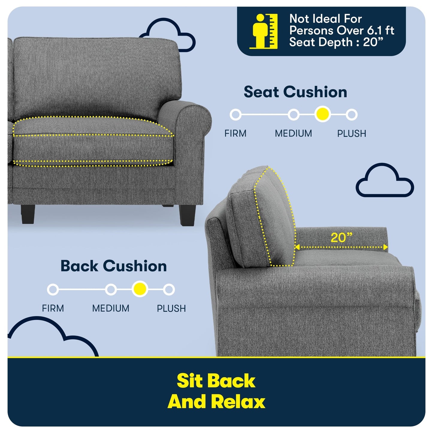 Canapé Serta Copenhagen 73 à accoudoirs roulés, polyester facile d'entretien, dossier moelleux, coussins d'assise à ressorts ensachés