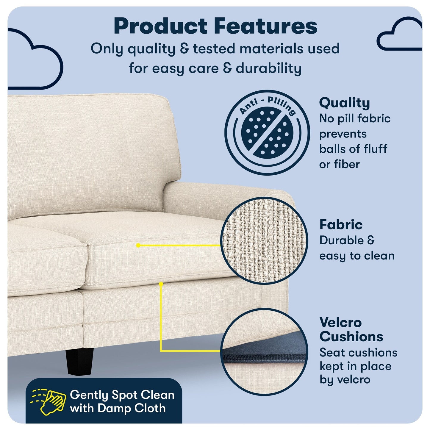 Canapé Serta Copenhagen 73 à accoudoirs roulés, polyester facile d'entretien, dossier moelleux, coussins d'assise à ressorts ensachés