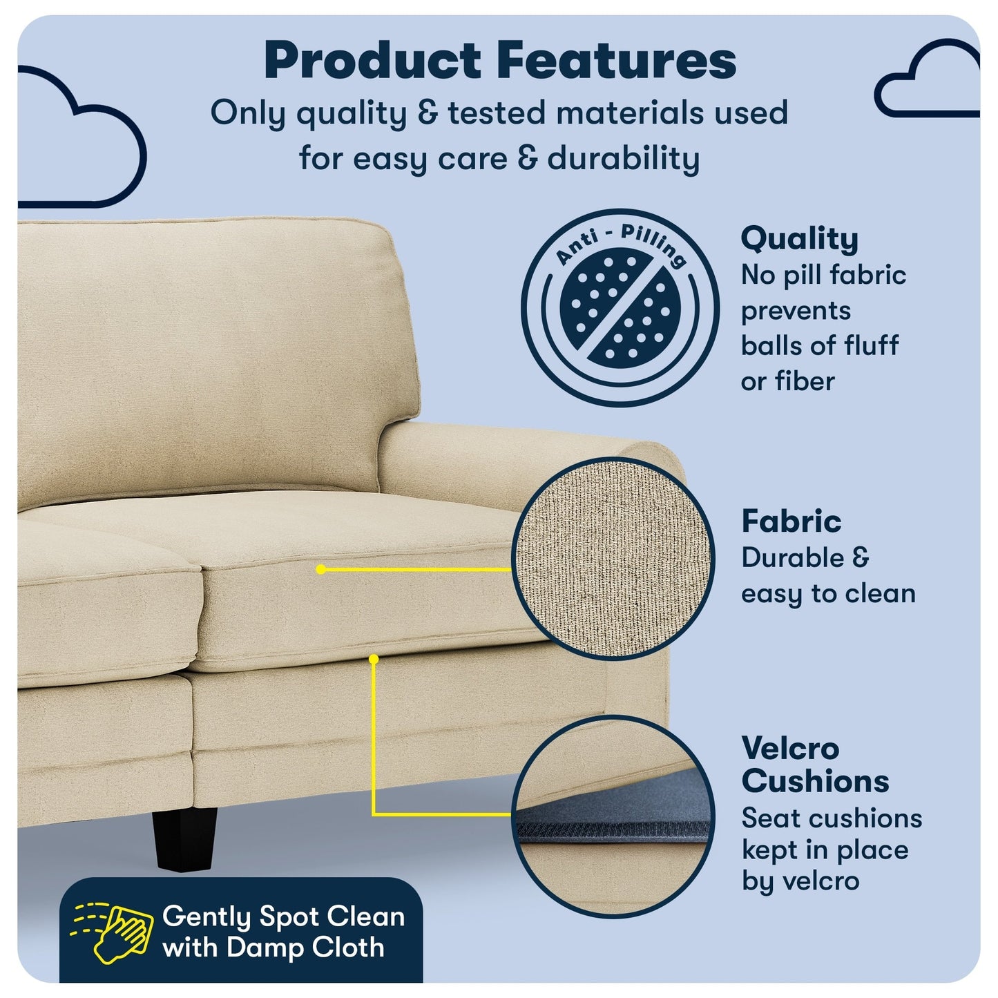 Canapé Serta Copenhagen 73 à accoudoirs roulés, polyester facile d'entretien, dossier moelleux, coussins d'assise à ressorts ensachés