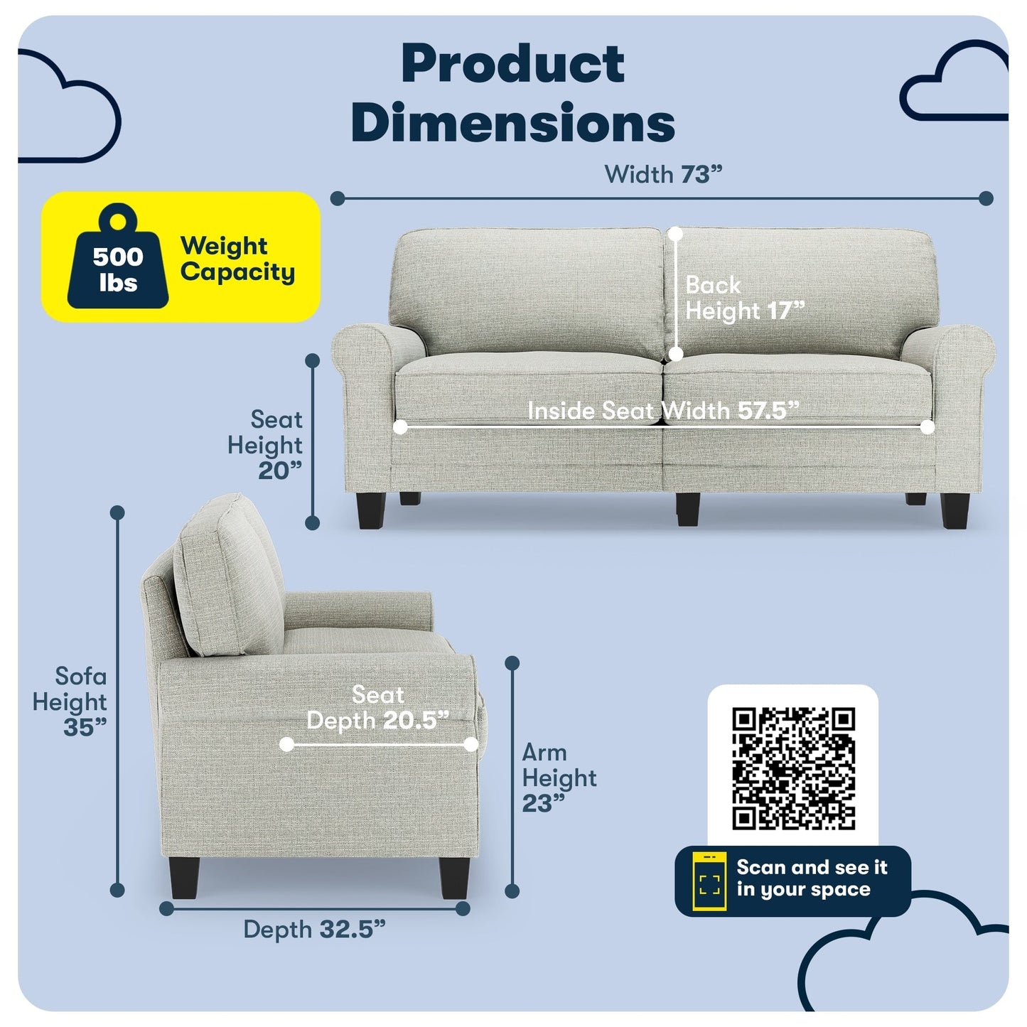 Canapé Serta Copenhagen 73 à accoudoirs roulés, polyester facile d'entretien, dossier moelleux, coussins d'assise à ressorts ensachés