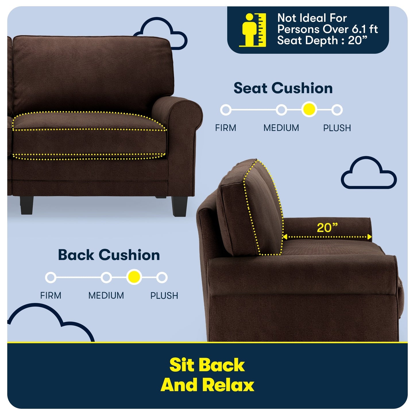 Canapé Serta Copenhagen 73 à accoudoirs roulés, polyester facile d'entretien, dossier moelleux, coussins d'assise à ressorts ensachés