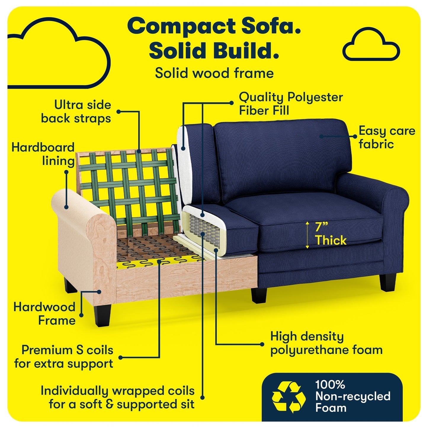 Canapé Serta Copenhagen 73 à accoudoirs roulés, polyester facile d'entretien, dossier moelleux, coussins d'assise à ressorts ensachés