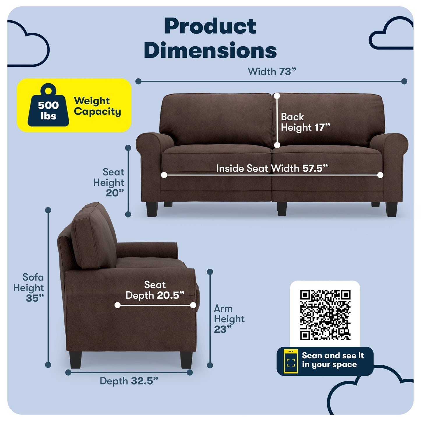 Canapé Serta Copenhagen 73 à accoudoirs roulés, polyester facile d'entretien, dossier moelleux, coussins d'assise à ressorts ensachés